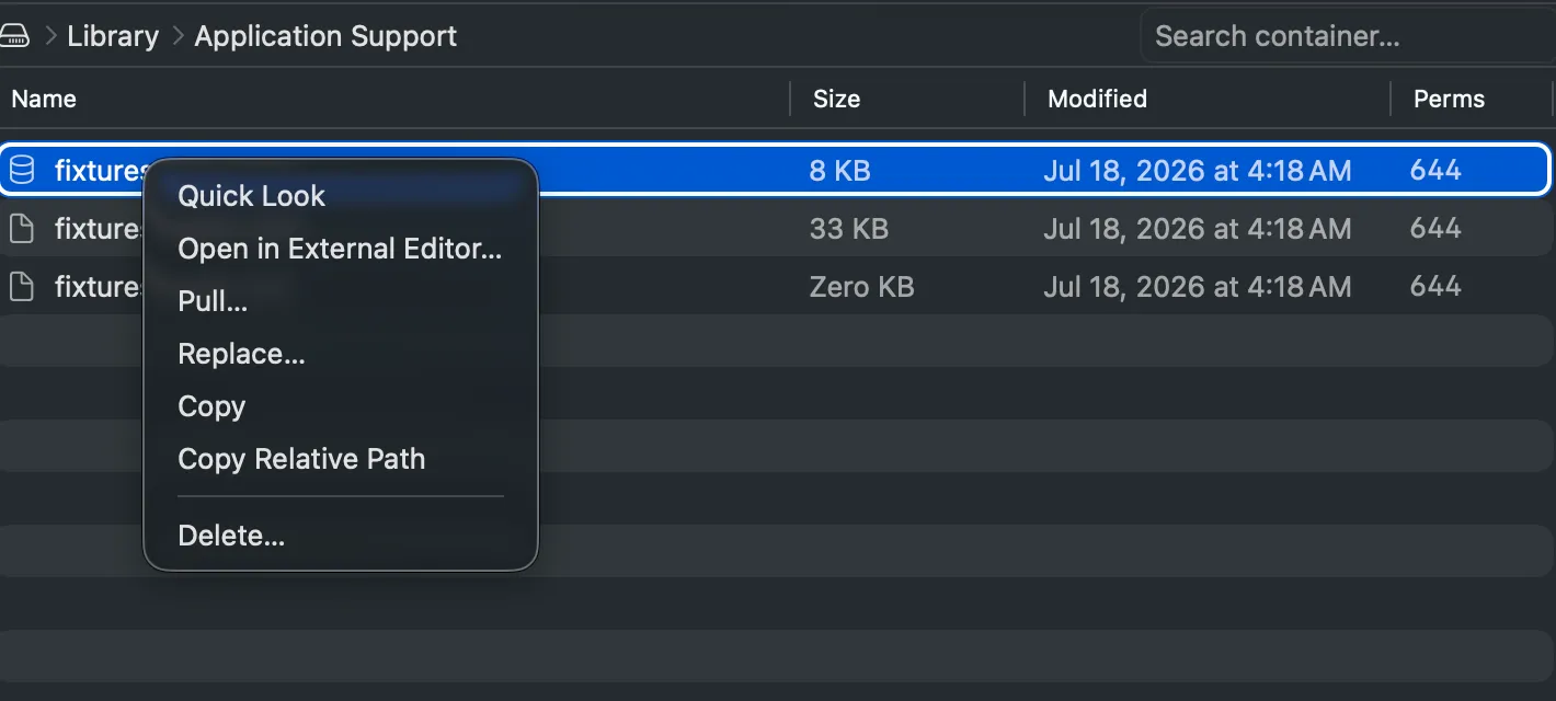 Burrow's right-click context menu on a container file showing Quick Look, Open in External Editor, Pull, Replace, Copy, Copy Relative Path and Delete