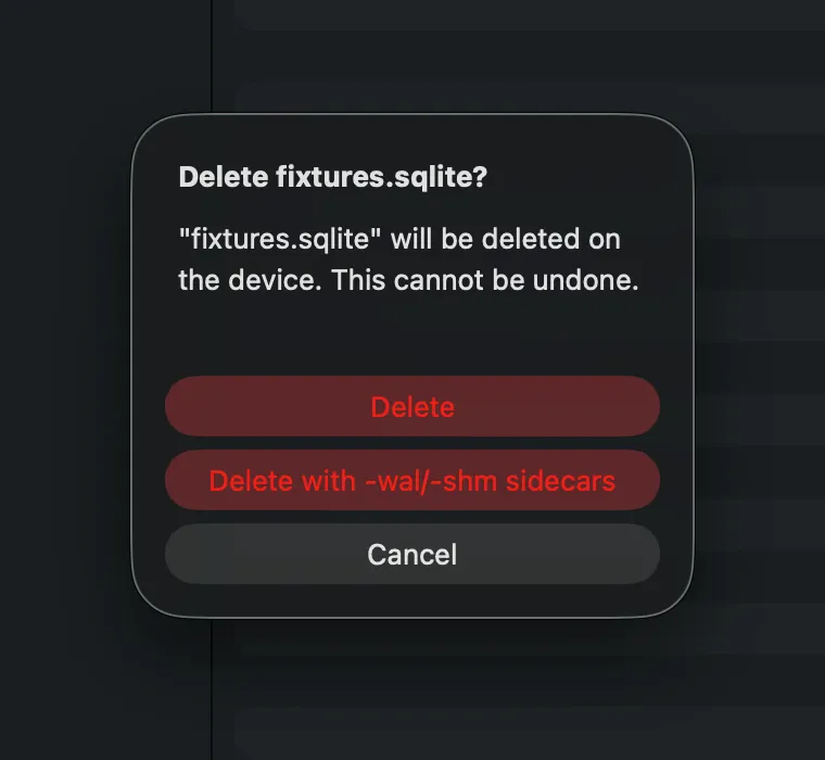 Burrow's delete confirmation dialog offering Delete, Delete with -wal/-shm sidecars, and Cancel