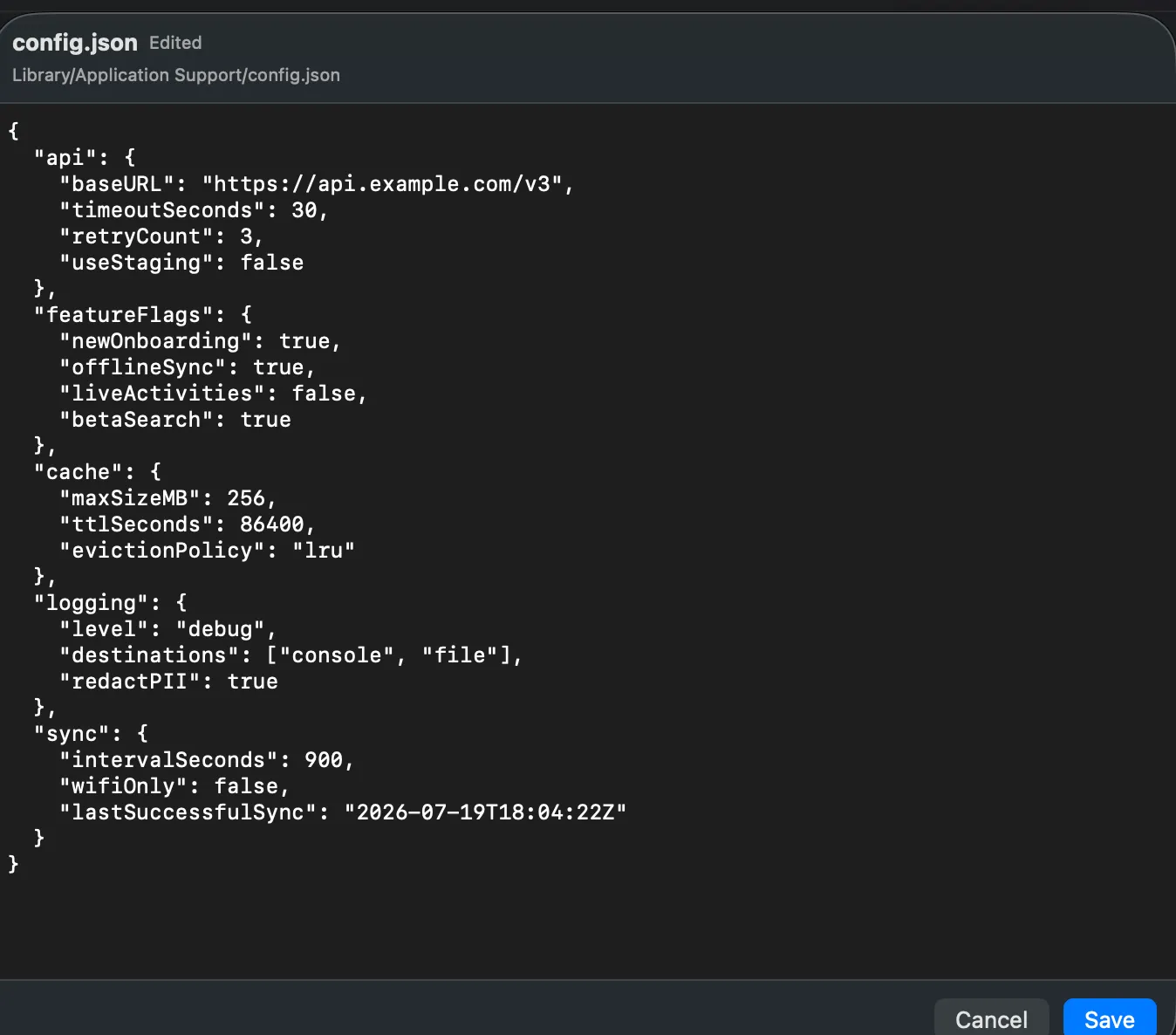 Burrow's built-in text editor open on a config.json inside the app container, showing the device path, an Edited badge and an active Save button