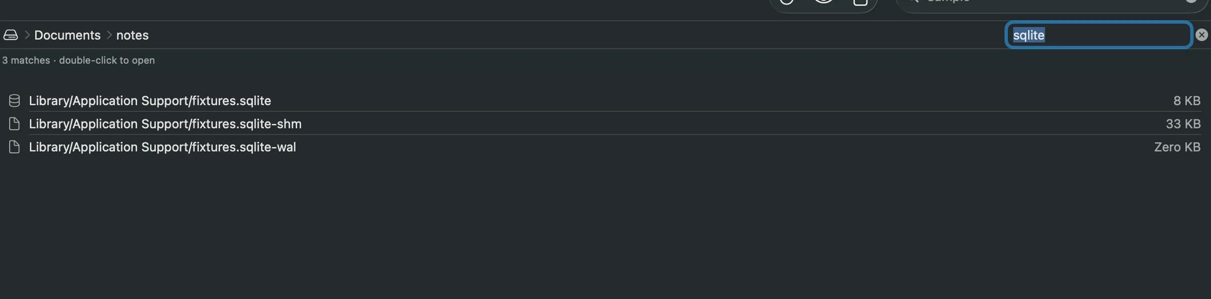 Burrow searching an entire iOS app container for 'sqlite' and showing three matches with their full relative paths